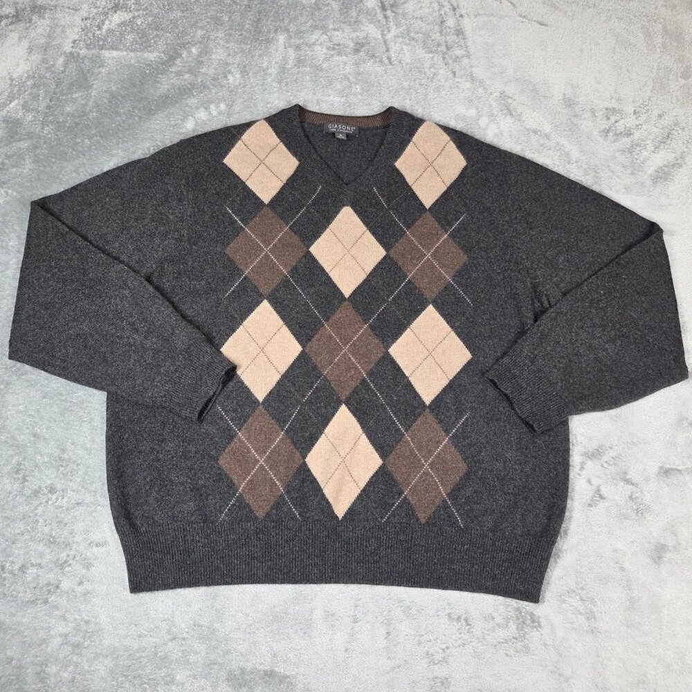 Giasone Sweater Mens XL Gray Brown Cashmere Argyle Quiet Luxury Academia Preppy